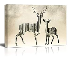 Canvas Wall Art - Double Exposure Deers and Trees | Modern Giclee Print Gallery Wrap Home Art Ready to Hang - 12x18 inches