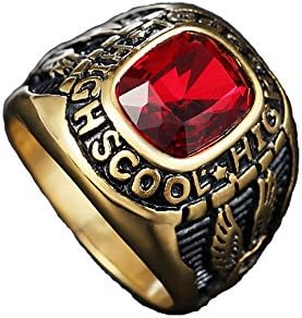 HTEGAE Men's Vintage Red Dimond United States Army Gold Retro High School Titanium Steel Rings, Size 9