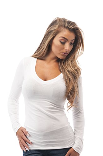 Hollywood Star Fashion Womens Long Sleeve V Neck Top (Small, White)