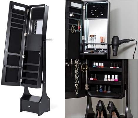 Standing Cabinet Full Length LED Mirror Touch Screen Pop Up Shelf Crafted Soft Velvet Lining 4 Shelves for Accessories Jewelry Storage Necklace Bracelet earring and ring holders Hair Dryer Hook Home