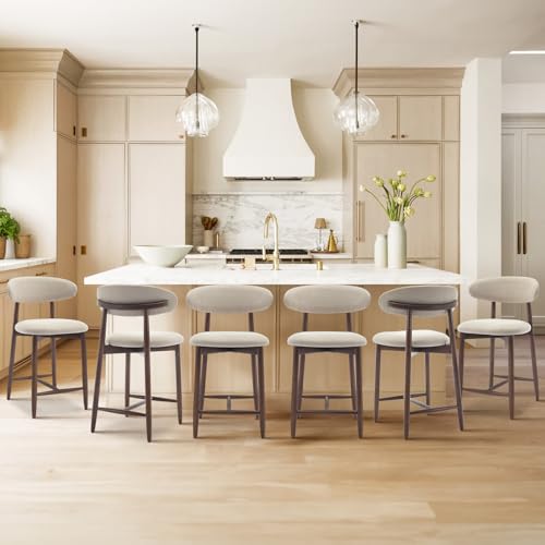 COLAMY Counter Height Bar Stools Set of 6, Kitchen Bar Stools with Back, Mid Century Modern Upholstered, with Wood Legs for Kitchen Island Dining Room, Beige