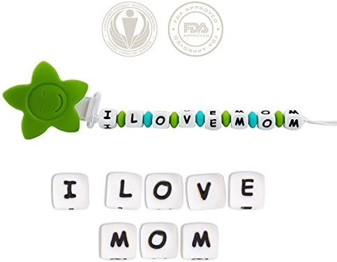 Lil' Teethers Pacifier Clip + Teething Toy - Easily fits onto ALL Pacifiers &amp; Infant Sensory Toys, Car Seats, etc. Large, Chewy &amp; 100% Food Grade Silicone Beads. FDA Approved, BPA Free. I love Mom.