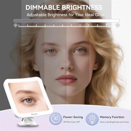 Auxmir 30X Rechargeable Magnifying Mirror, Makeup Mirror with 3 LED Light Colours, Adjustable Brightness Powerful Suction Cup, Bathroom Cosmetic Mirror