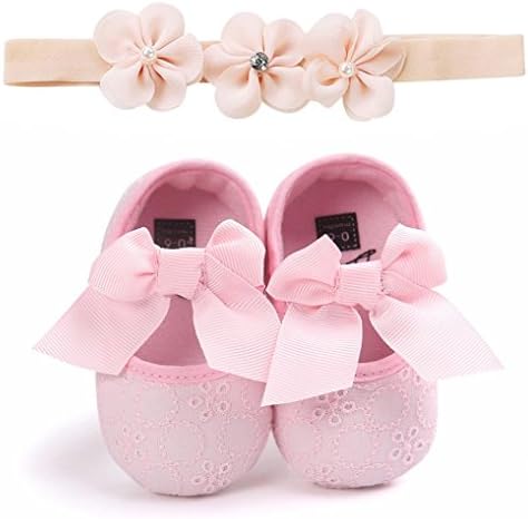 Amiley Baby First Crib Shoes,Baby Princesses Shoes+1PC Hairband Bowknot Soft Sole Anti-Slip Shoes Newborn Single Crib Sneakers Shoes for Infant Toddler Baby Girls Boys (Pink, US2(10.5CM/4.1"Inch))