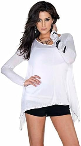 Belldini White Pullover Top with Heat Seal Bangles Trim and Handkerchief Hem