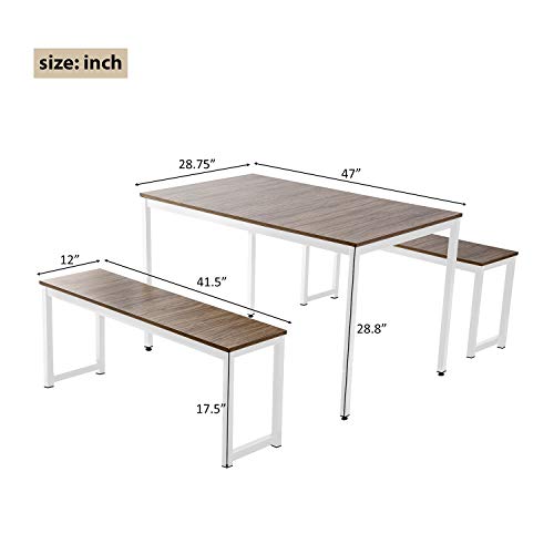 Dining Room Table Set, 3 Pieces Farmhouse Kitchen Table Set with Two Benches, Metal Frame and MDF Board, Modern Furniture for Home, Cafeteria, Apartment and Farm House (Brown)