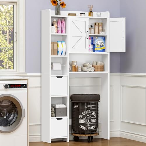 TEENFON Over the Toilet Storage Cabinet with 2 Removable Drawers, Above Toilet Storage Cabinet with 10 Storage Shelves, Taller Wooden Free Standing Bathroom Storage, Laundry Room Storage Shelf, White