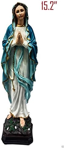Blessed Virgin Mary Rosary Figurine Hand Painted Resin Statue Holy Land 15.2"