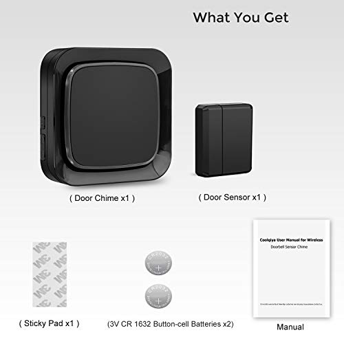 Door Sensor Chime Alarm System Wireless for Home Security, Coolqiya Entry Bell Alert 600FT Operating Range, 1 Door Sensor + 1 Plug-in Receiver (Black)