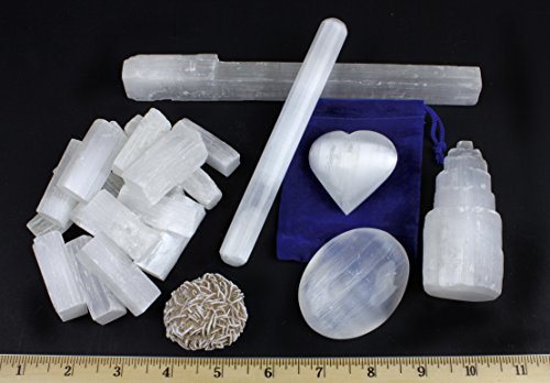 Selenite Protection Collection: 1.5-2" Sticks (17-20 pcs), Palm Stone, Heart, Tower, 8" Stick, 5.5" Massage Wand, Desert Rose Stone, Educational ID Card, Healing, Balance Chakras, Good Energy