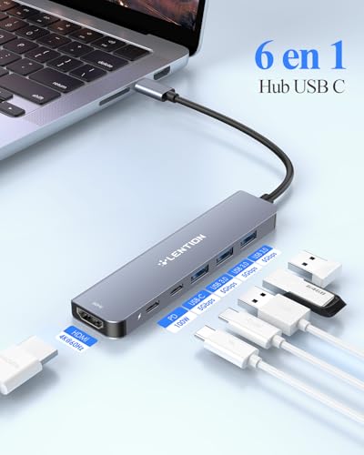 LENTION 6 in 1 USB C to HDMI Adapter 4K@60Hz, USB C Hub with USB-C Data Port, 3 USB 3.0, PD 100W, Compatible with MacBook Pro 2026-2016, New MacBook Neo, Surface, iPhone 17/16/15 Series(Grey)