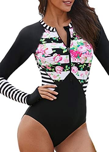 Socluer Womens Floral Printed Rash Guards Long Sleeve Zipped One Piece Surfing Swimsuit Colorblock Surfing Jumpsuits