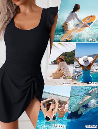SEAUR One Piece Swimsuits for Women Modest Tummy Control Swimdress Vintage Knotted Bathing Suits Skirt