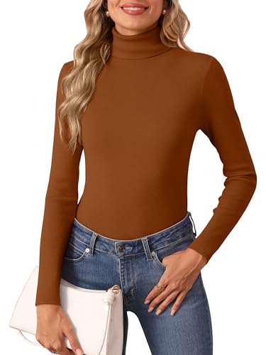OUKODS Women's Turtleneck Long Sleeve Shirts Fall Fashion Basic Thermal Underwear Tops Winter Clothes 2025, Caramel, Large at Amazon