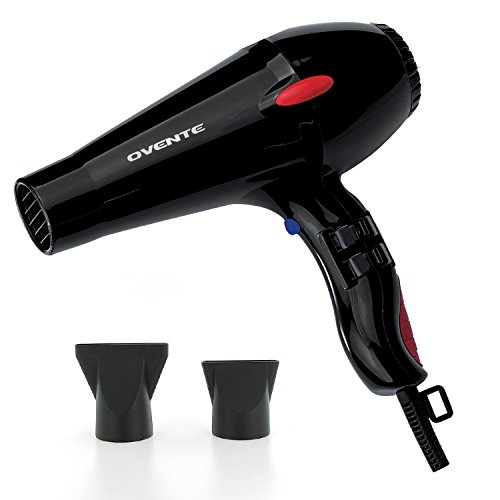 Ovente Seductive Ceramic Ionic Tourmaline Lightweight Professional Hair Dryer with 2 BONUS Concentrator Nozzles, 1875-Watts, 4 Temperatures, 2-Speed, Silky Black (X3)