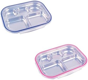 Stainless Steel Tray Storage Containers Kids Lunch Box Diet Plate Diet Food Control Tray(5section) (2pack (Blue,Pink))