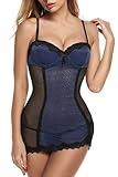 Ekouaer Sexy See-through Lingerie Mesh Chemise Pad Babydoll Bra and G-string Set