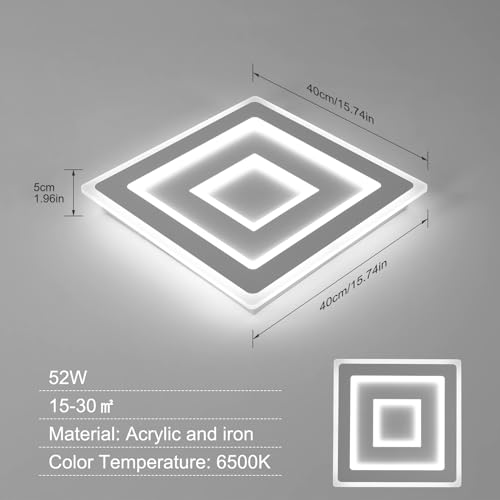 Comely Plafoniera LED Soffitto Quadrata Moderno, 52W 5850LM Lampada da Soffitto LED Moderna Acrilico, Lampadario LED Soffitto Bianco per Camera da Letto, Soggiorno Luce Bianca 6500K, 40cm