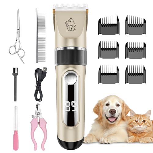 Professional Dog Clipper Waterproof IPX7 Silent LED Display | Cordless Pet Clipper, USB Rechargeable, 6 Guide Combs, Ceramic Blade Adjustable in Size