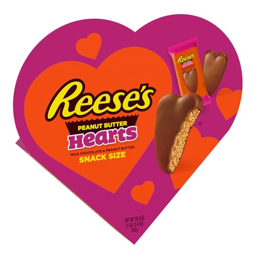 REESE’S MILK CHOCOLATE PEANUT BUTTER SNACK SIZE HEARTS, VALENTINE’S DAY CANDY GIFT BOX, PERFECT VALENTINES DAY GIFT FOR HIM, HER, OR KIDS, FOOTBALL PARTY SNACKS, 28.8 OZ