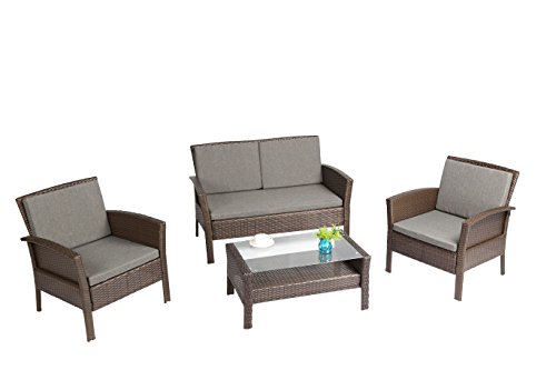 Baner Garden Outdoor Furniture Complete Patio 4 Piece Polyethylene Wicker Rattan Garden Set, Brown (N57-BR)