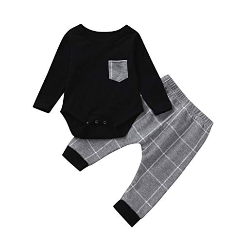 2Pcs Baby Boy Girl Long Sleeve Plaid Tops Romper Pocket +Casual Harem Pants Outfits Set Warm Gift 0-24 Months (Black, 0-6 Months)