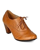 Refresh BH50 Women Leatherette Lace Up Oxford Chunky Heel Bootie - Tan (Size: 7.5)