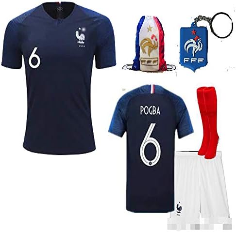 France Soccer Team Pogba Griezmann Mbappe Kid Youth Replica Jersey Kit : Shirt, Short, Socks, Bag, Key, Please Check Size Chart