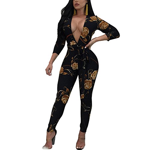 Women's Sexy Floral Deep V-Neck Long Sleeve Bodycon Long Pants Jumpsuit Rompers Black XL