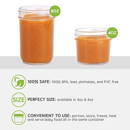 Glass Baby Food Storage Containers - Set Contains 4 Small Reusable 4oz Jars and 4 Large Reusable 8oz Jars with Airtight Lids and Waterproof Label