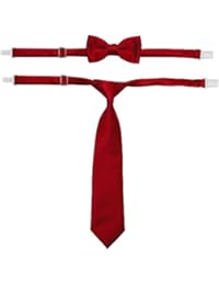Boys Solid Satin Pre-Tied Long Necktie and Bow #TieSet1 (2T-4T, Red)