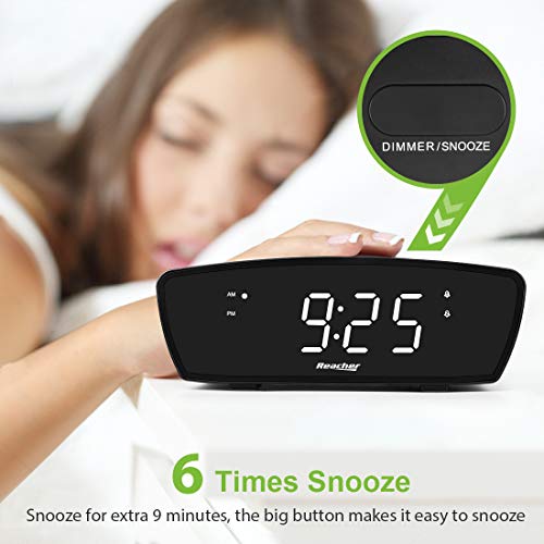 REACHER Simple Dual Alarm Clock with Adjustable Volume for Bedrooms - Large Numbers LED Display with USB Phone Charging Port, Dimmer, Snooze, Easy Operation for Desk Shelf Bedside(Black) - Thumbnail 4