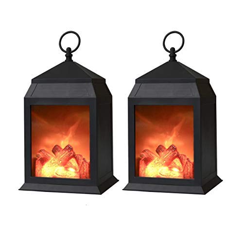 Decorative Lanterns,12" Fireplace Lantern Flameless LED Lantern Battery Powered and USB 6 Hours Timer Indoor/Outdoor Hanging Lantern,Black Fireplace Lamp(Pack of 2)