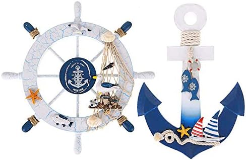 Meching 2 Pack 11 Nautical Decor Beach Wooden Ship Wheel And Wood Anchor With Rope Nautical Boat Steering Rudder Wall Decor Door Hanging Ornament Beach Theme Home Decoration Blue Buy Online At Best