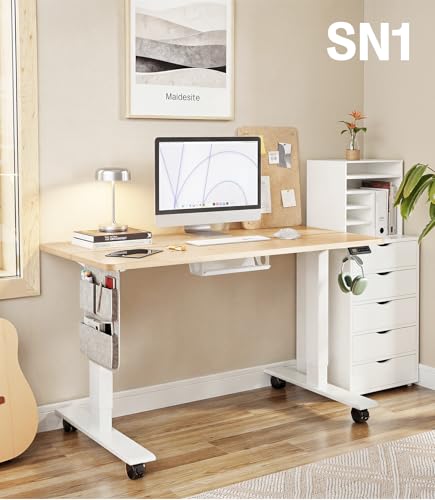 MAIDeSITe Height Adjustable Electric Lift Table, 120 x 60 cm Standing and Sitting Table with Cable Tray, Hook and Storage Pockets, Lift Table with Memory Controller