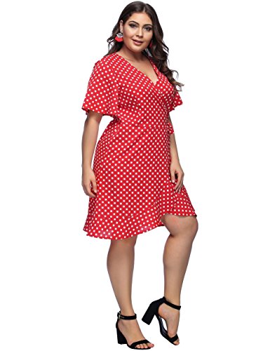 JOYMODE Women's Polka Dot Wrap Dress Plus Size Summer Dresses Short Sleeve Midi Dress Waist Tie Party Mini Dress