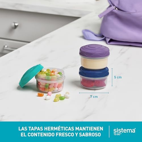 Snack Pots Mini Bocados PARA LEVAR | 130 ml | Lancheiras empilháveis para snacks com tampas | Afunilamento Plástico | Tapas verde-rosadas e azuis | 3 unidades