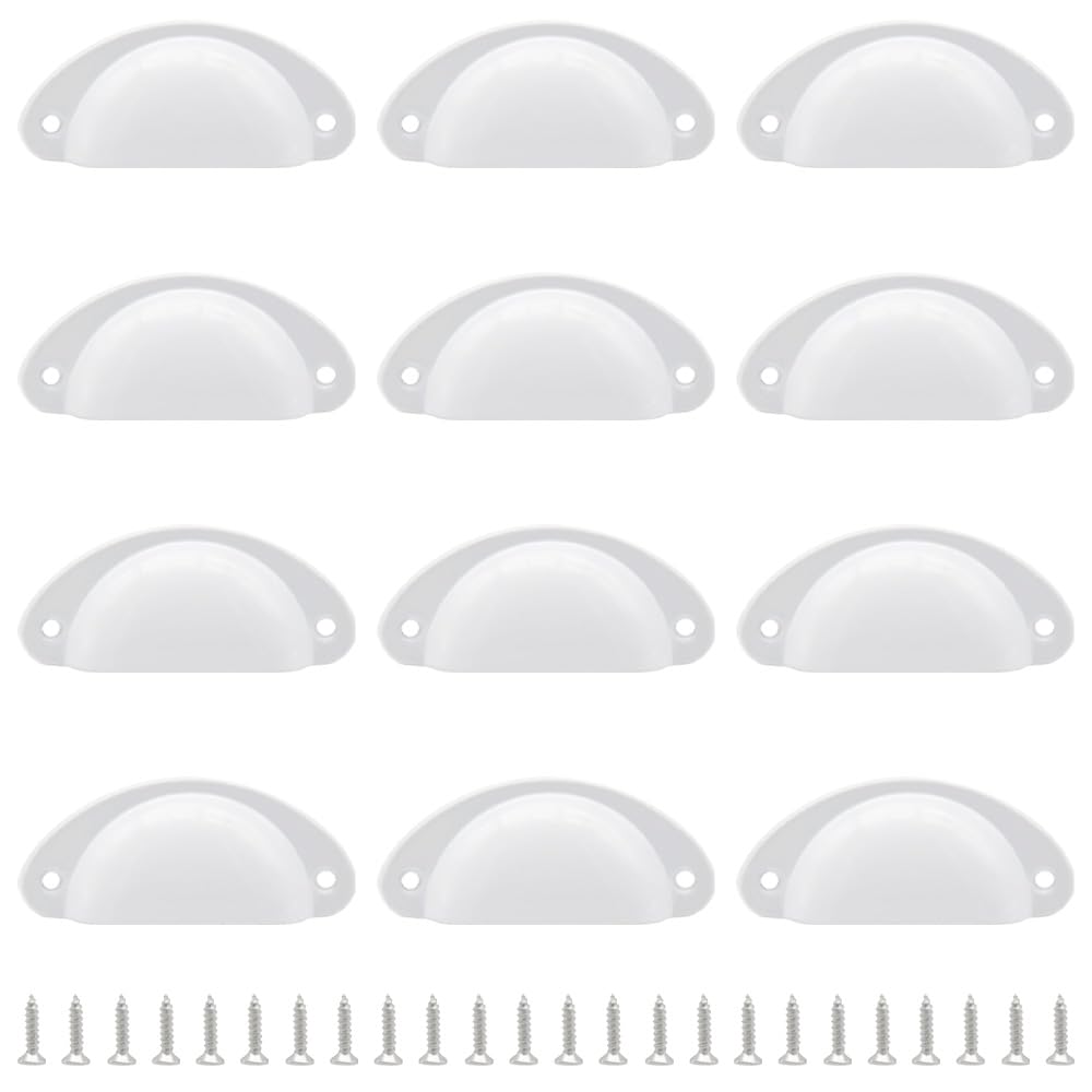Hocansen 12 PCS Shell Cup Handles 81mm Metal Drawer Pull Handles White Shell Shape Handle Knobs Semicircle Cup Handle with Screws use for Wardrobe, Cupboard and Drawer (White/LS-BK)