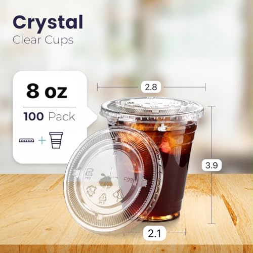 Disposable Clear Cup 100 Pack 8 oz Plastic Iced Coffee Cups with Flat Lids, Disposable Clear Cup, BPA Free Cup for Party, Smoothie, Cold Drinks, Juice, Milkshake, Tea