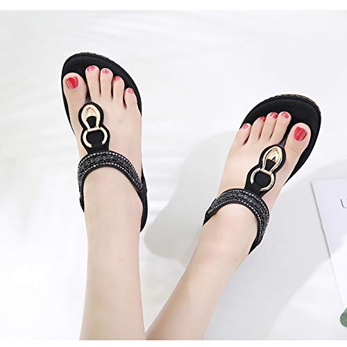 Women's Bohemian Summer Flat Thong Sandals, Black T-Strap Flip Flop Glitter Rhinestone Shiny Golden Metal Shoes for Dressy Casual Jeans Daily Wear and Beach Vacation, Homecoming Vintage Evening Party - Thumbnail 5
