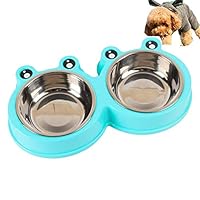 QCHOMEE Pet Dog Cat Double Bowl Stainless Steel Dog Pot Pet Bowl Removeable Cute Frog Pet Feeding Food & Water Bowl Non Slip Dishing Feeder