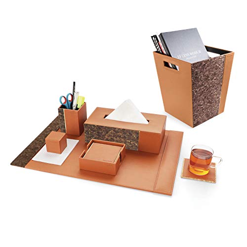 CLADD! Faux Leather Desk Organiser Set of Pen Stand | Desk Board | Paper Weight Cube | Tissue Box | Coaster | Multi-purpose Bin Ideal At Home | Office | Desk | Waterproof & Anti-slip Accessories (Beige)