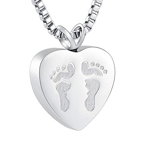 XSMZB Always in My Heart Baby Feet Ashes Keepsake Urn Pendant Necklace Cremation Urns Memorial Jewelry (Silver)