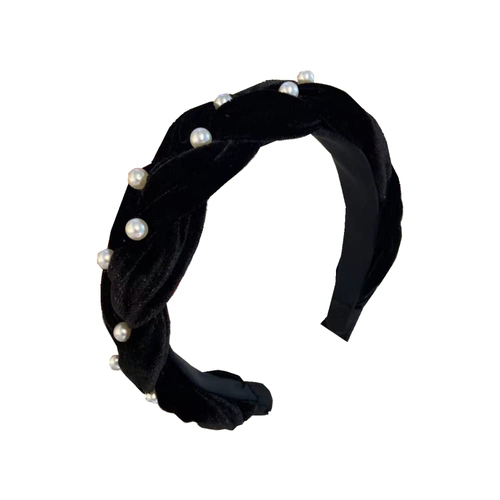 LSHEQYI Pearl Headbands Faux Pearl Velvet Pearl Women Headband Pearl Hair Bands, Black, Pack of 1