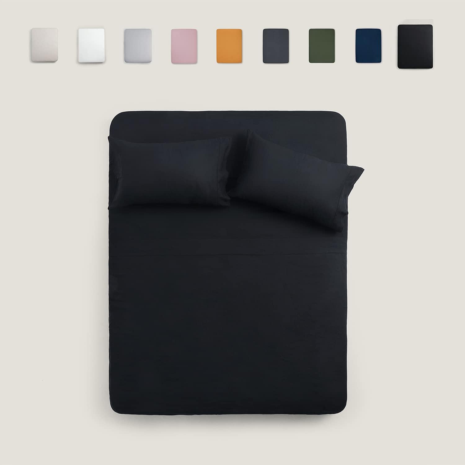 TOSMO Pure Linen Sheets Set, 100% French Natural Linen Flax Bedding 4pc Set(Queen, 1 Flat Sheet, 1 Fitted Sheet,2 Pillowcases)- Black: Kitchen & Dining