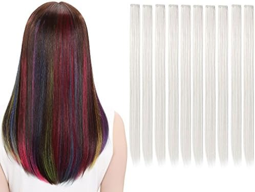 10Pcs/set Multi-Colors Straight Highlight Clip in Hair Extensions 20 Inch Colored Party Hair Pieces (White)