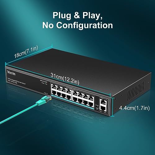VIMIN 16 Ports Gigabit PoE Switch with 2 Gigabit Uplink Ports, 18 Ports Unmanaged PoE Ethernet Switch with 250W Power, Support for IEEE802.3af/at, VLAN, Metal Enclosure