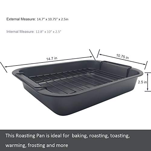 Brightalk Non-Stick Roasting Pan with Rack, 14.7" x 10.75" Carbon Roaster