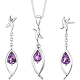 Amethyst Pendant Earrings Necklace Sterling Silver Rhodium Nickel Finish Pear Cut 1.75 Carats