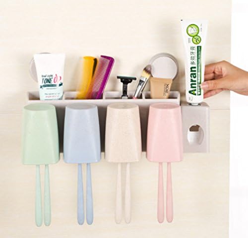 DELISI Wheat Straw Wall Mounted Automatic Toothpaste Dispenser and Toothbrush Holder Bathroom Storage Organizer Set (4 Mugs)